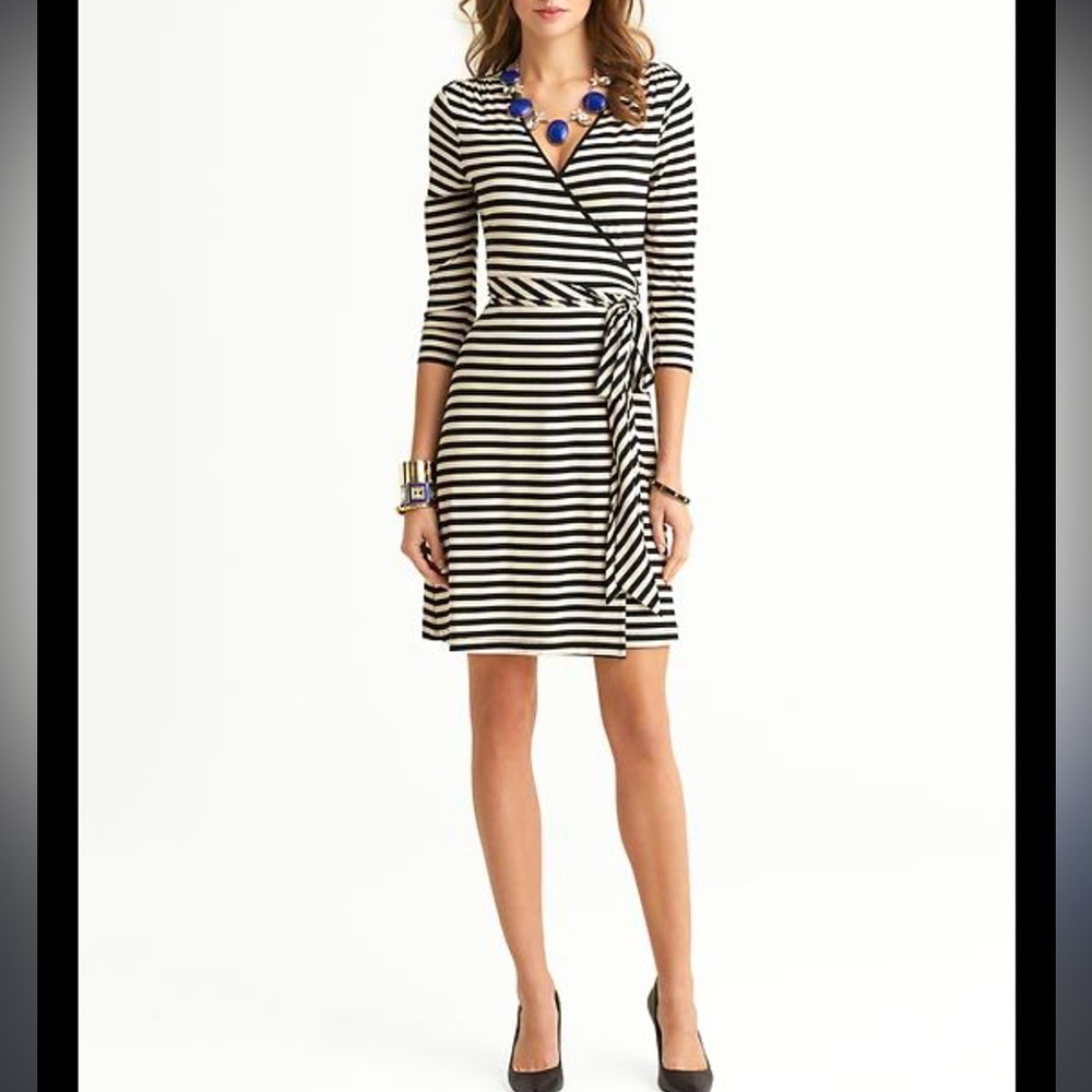 Banana Republic Gemma Black & Ecru Striped Wrap  Dress, size small